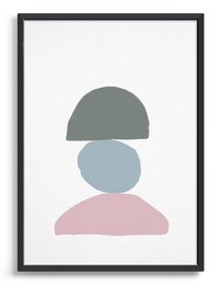 Abstract geometric wall art print with minimal shapes in muted colors of gray, blue, and pink.