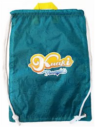  Teal drawstring backpack with mermaid design, yellow handles, mesh pocket, kids' school bag.