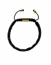 Black beaded bracelet with adjustable size, made of durable materials.