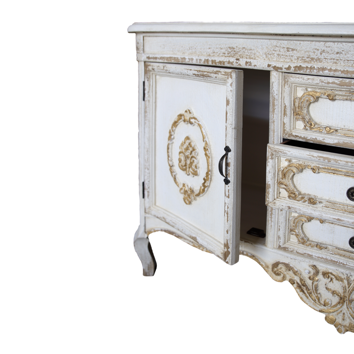 Armario Shabby blanco/dorado 3 cajones 2 puertas 128 x 38 x 76 h cm