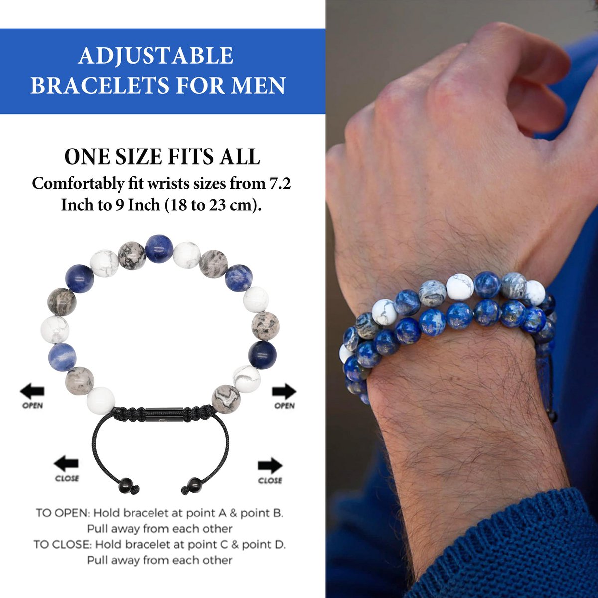 Bracelet perlé sodalite, howlite et jaspe pour hommes