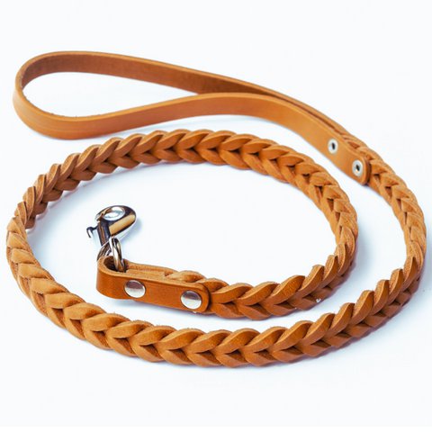 Genuine Braided Leather Dog Leash in Tan - Orange Brown