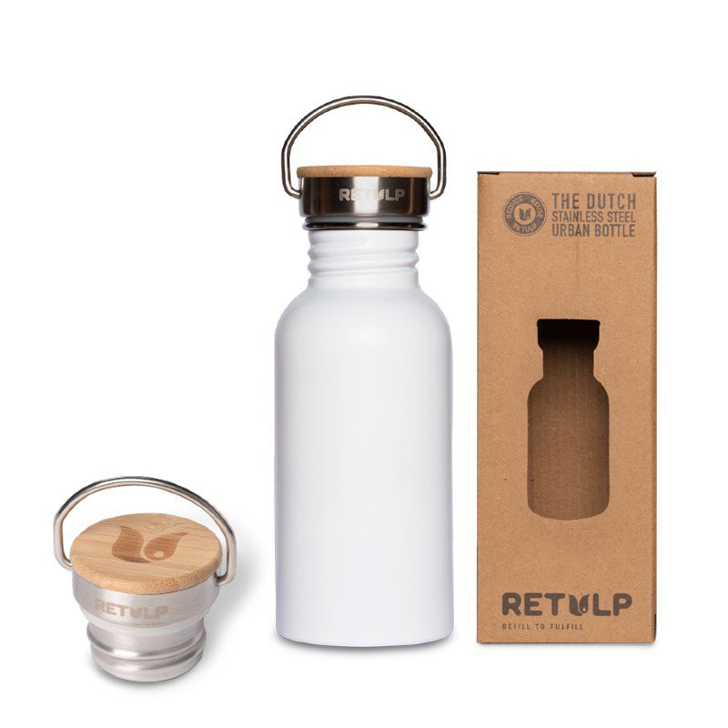 Edelstahl-Trinkflasche mit Bambusverschluss, 500 ml Stiel, WEISS