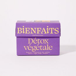 Vegetable Detox Infusion tea, promotes the elimination of toxins. The tea is packaged in a purple box with the brand name "Bienfaits" and the product name "Detox vegetale".