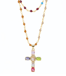 Colorful beaded necklace with a cross pendant featuring various gemstones and crystals.