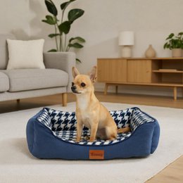 Yommy Haustierbett | Elegantes Hahnentritt-Design | Weiches und warmes Bett mit rutschfester Unterseite | Erhältlich in 3 Größen S/M/L und den Farben Grau, Blau und Schwarz | Ideal für Hunde und Katzen, bequem, langlebig und perfekt für den Winter