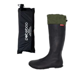 Foldable navy and lemon yellow rain boots with a compact carrying case.