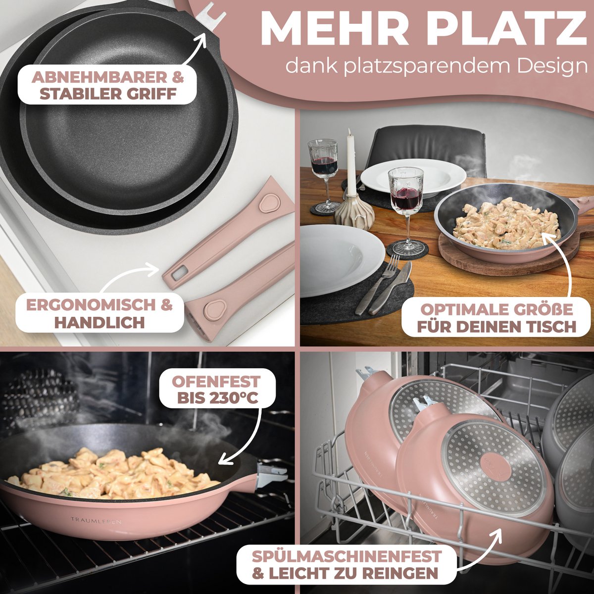 Froh pan 28 cm, non -stick coating, removable handles, induction, oven festival (pink)
