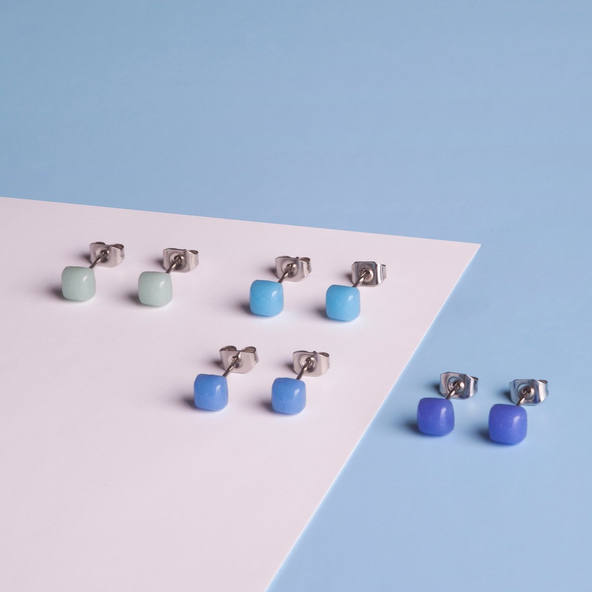 Set of 3 earrings with stone • Recycled glass & stainless steel • 20 colors