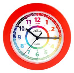 Red round wall clock for children with colorful numbers and learning design, 22cm diameter