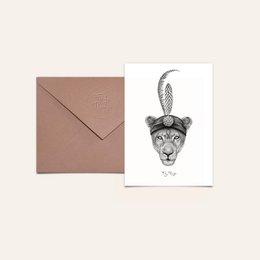  Stylized black and white illustration of a lioness with a feather headdress, suitable for a postcard or greeting card.
