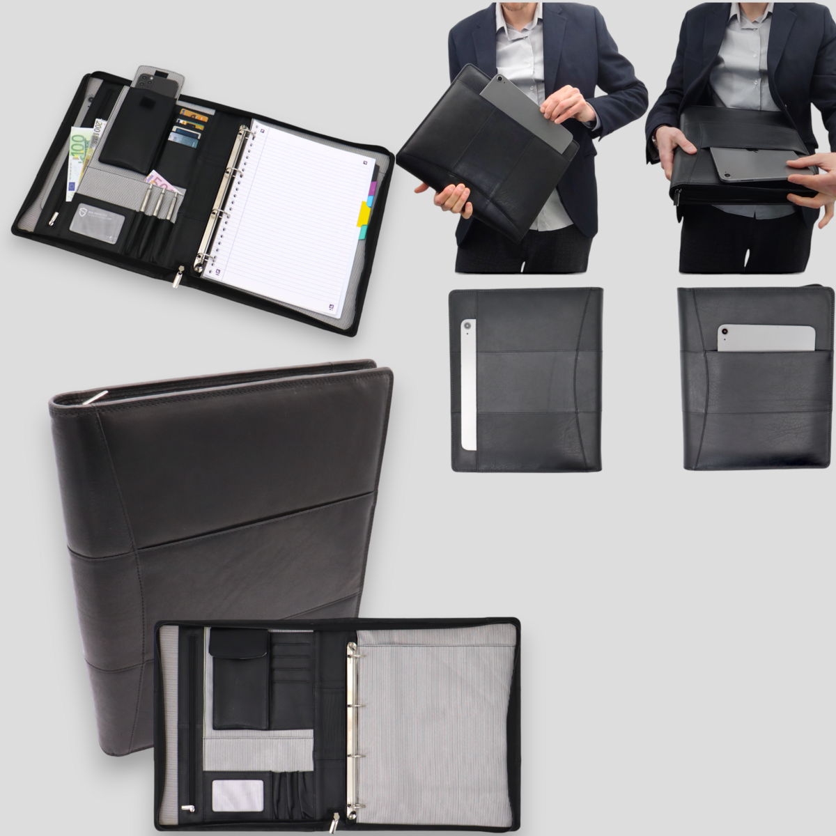 Leather Writing Case A4 - Conference Folder - Document Folder A4 - Tablet Sleeve & Laptop Sleeve - Removable Ring Binder