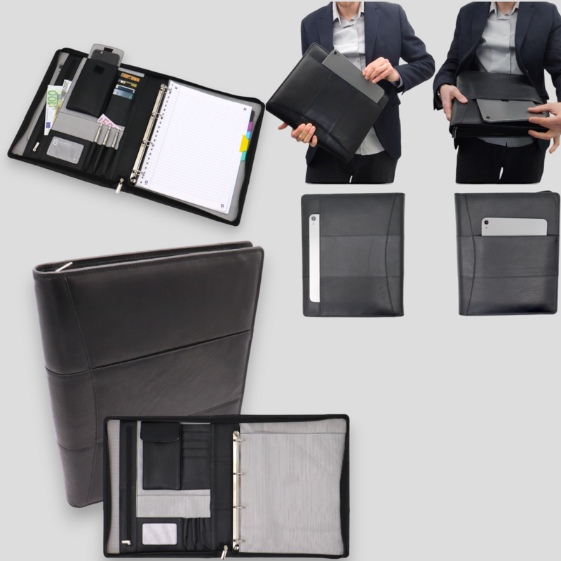 Estuche de cuero para escritura A4 - Carpeta para conferencias - Carpeta para documentos A4 - Funda para tableta y portátil - Carpeta de anillas extraíble