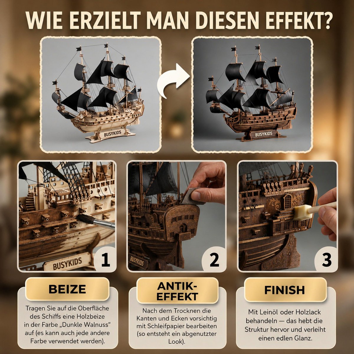 Galeone aus Holz mit LED-Beleuchtung – 3D-Holzpuzzle 583 Teile, Schiffsmodell mit Segeln und Takelage, Modellbausatz ab 12