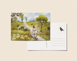  Illustrated postcard featuring girl in pastoral landscape with sheep, bird silhouette, countryside scene, A6 size.
