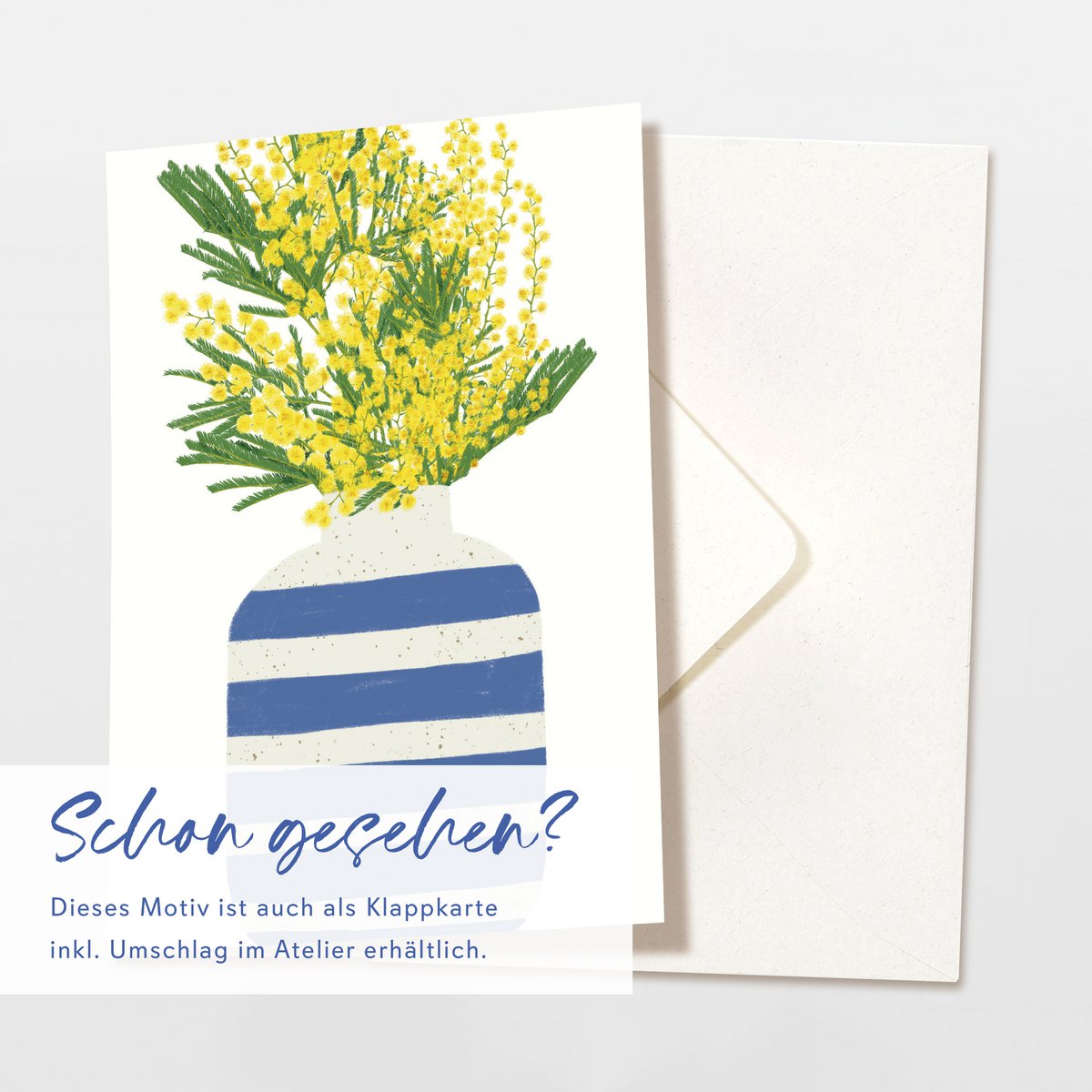 Postcard blue striped vase with yellow flowers