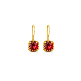 Elegant garnet statement earrings with a round, faceted cut gemstone in a gold-tone setting.