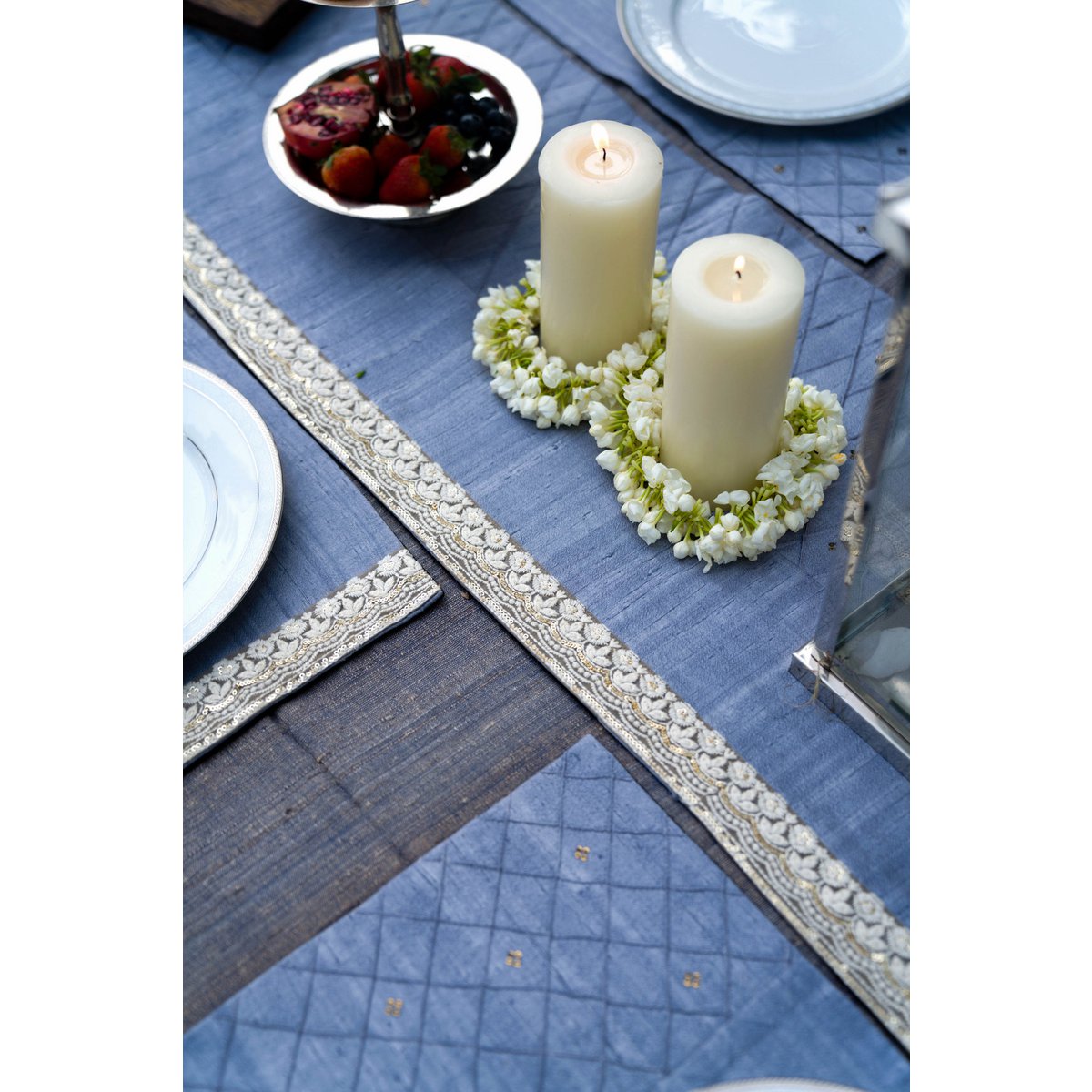Dupion Silk Hand-Embroidered Table Runner With 6 Table Mats - Blue