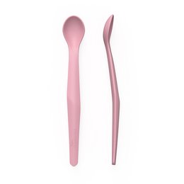 Two pink silicone spoons for kids. The spoons have a simple, minimalist design and are made of durable, food-grade silicone material.
