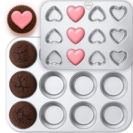Stainless steel muffin tin set with classic and heart-shaped molds, suitable for baking muffins, cupcakes, and other small treats.