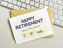 A retirement greeting card with the text "Happy Retirement" and celebratory icons like a glass of wine, a party hat, and a plane, indicating a happy and exciting retirement.