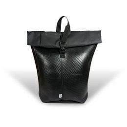A black, recycled air chamber design bicycle backpack with a roll-top closure and adjustable straps for comfortable carrying.
