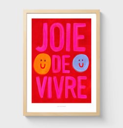 Vibrant illustration poster with the text "Joie de vivre" and two smiling faces in bright colors.