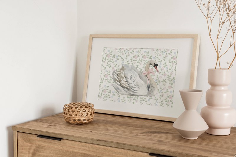 Swan avec affiche de rose rose, affiche de cygne vintage, imprimé rose, affiche de bows de filles, affiche de chambre de filles roses, affiche de crèche pour filles