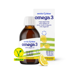 Algae oil DHA and EPA, hemp seed oil ALA, and vitamin D3 supplement in a vegan formula.