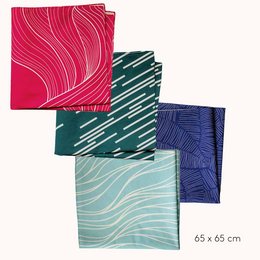 4 XL Furoshikis in organic cotton 65 cm x 65 cm, Wrapping Paper, Vibrant red, green, and blue patterned fabric squares, Ideal for gift wrapping, Organic cotton material, Square shape, Dimensions: 65 cm x 65 cm