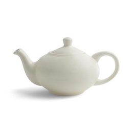 White ceramic teapot, 1.2 liter capacity, round bulbous shape, smooth glossy finish, traditional design with spout and handle.
