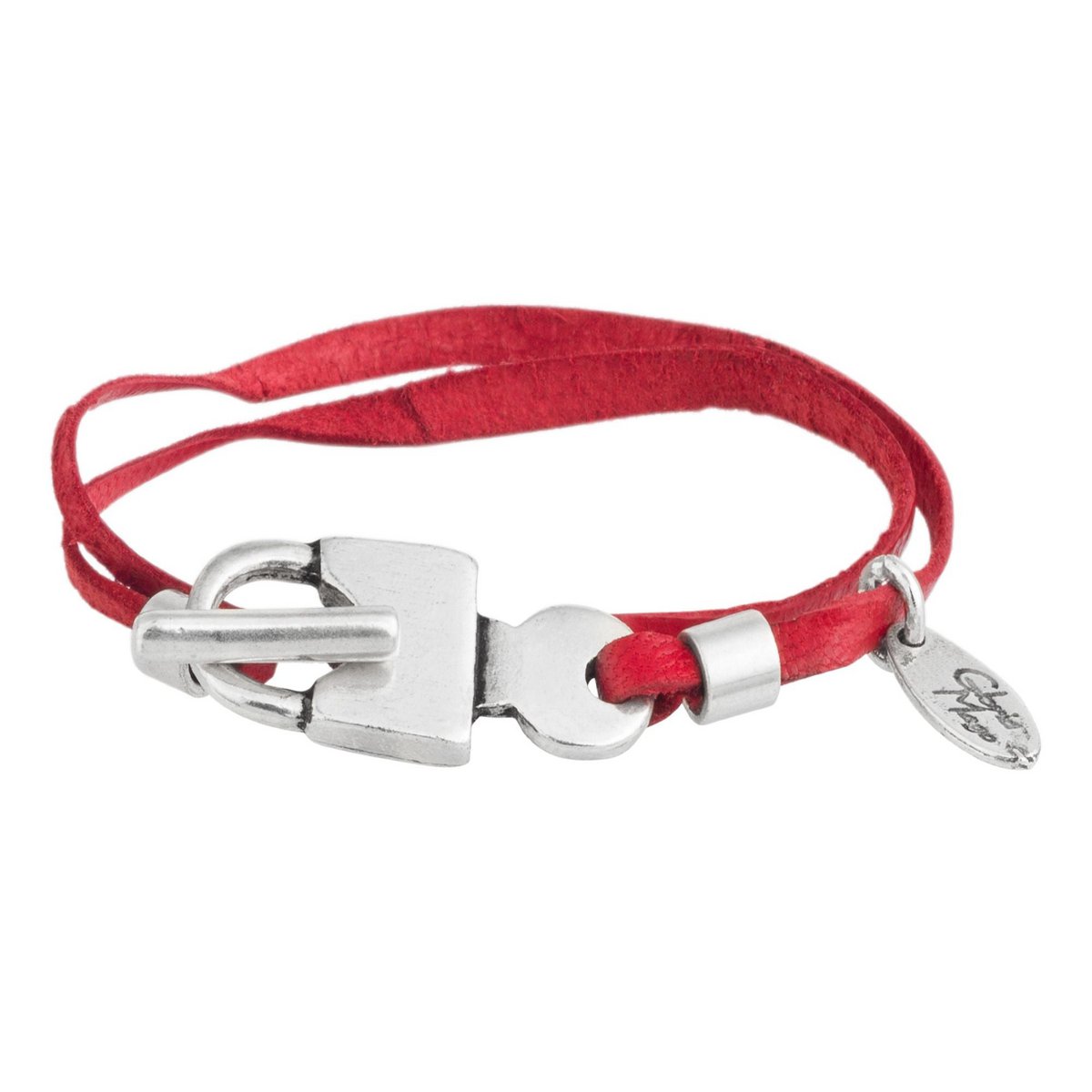 Rotes Lederarmband mit Vorhängeschloss und versilbertem Verschluss