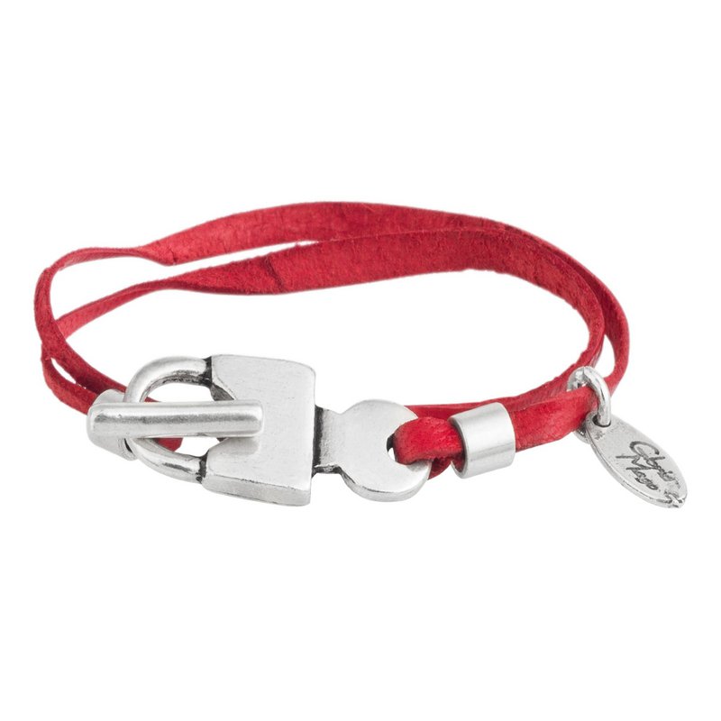 Rotes Lederarmband mit Vorhängeschloss und versilbertem Verschluss
