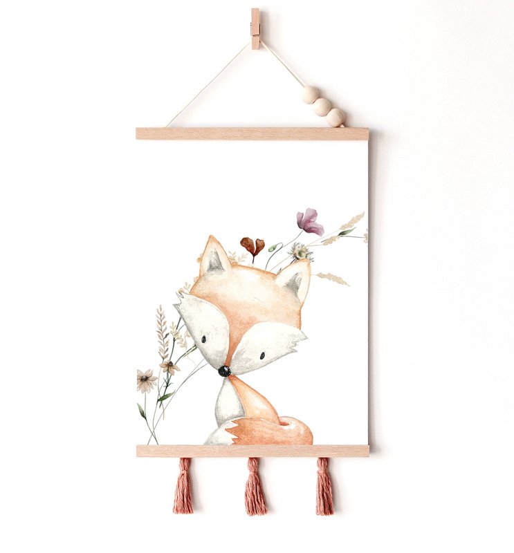 Estampado de vivero de zorro, cartel de zorro, estampado de vivero floral, estampado de zorro lindo, estampado de flores silvestres, cartel de vivero de niñas, habitación de niñas