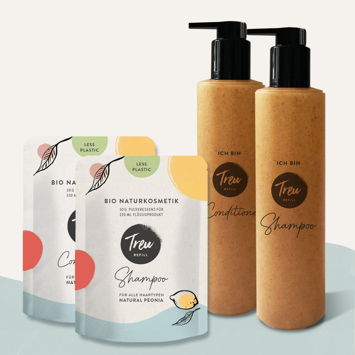 Biologische natuurlijke cosmetica shampoo en conditioner in poedervorm met een navulfles van vloeibaar hout