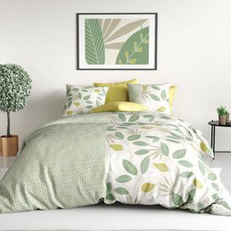 Areca duvet cover set with pillowcases in a modern botanical print featuring shades of green and yellow leaves. Suitable for a queen or king size bed.