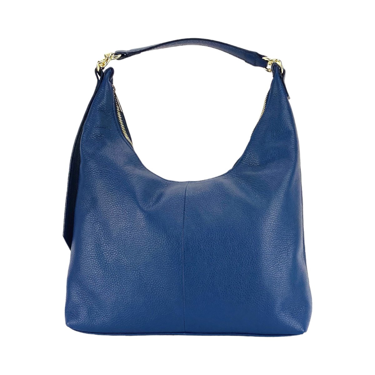 RB1017D | Soft women's shoulder bag in genuine leather Made in Italy with single handle and removable shoulder strap. Attachments with shiny gold metal snap hooks - Blue color - Dimensions: 36 x 40 x 13 cm
