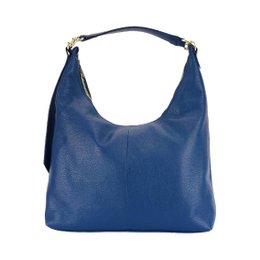 RB1017D | Soft women's shoulder bag in genuine leather Made in Italy with single handle and removable shoulder strap. Attachments with shiny gold metal snap hooks - Blue color - Dimensions: 36 x 40 x 13 cm