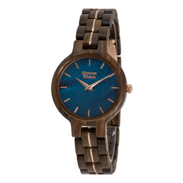 Wooden watch with a blue dial and a brown wooden bracelet. The watch has a simple, minimalist design with a round case and a classic analog display.