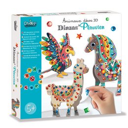 Decorative 3D animal figurines with a colorful, patterned design inspired by Peruvian art. The figurines feature a llama-like shape with vibrant colors, shapes, and textures.