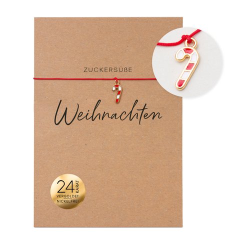Armband auf Karte - Zuckerstange "Zuckersüße Weihnachten" 24K vergoldeter Anhänger - DIN A6 Recyclingkarte