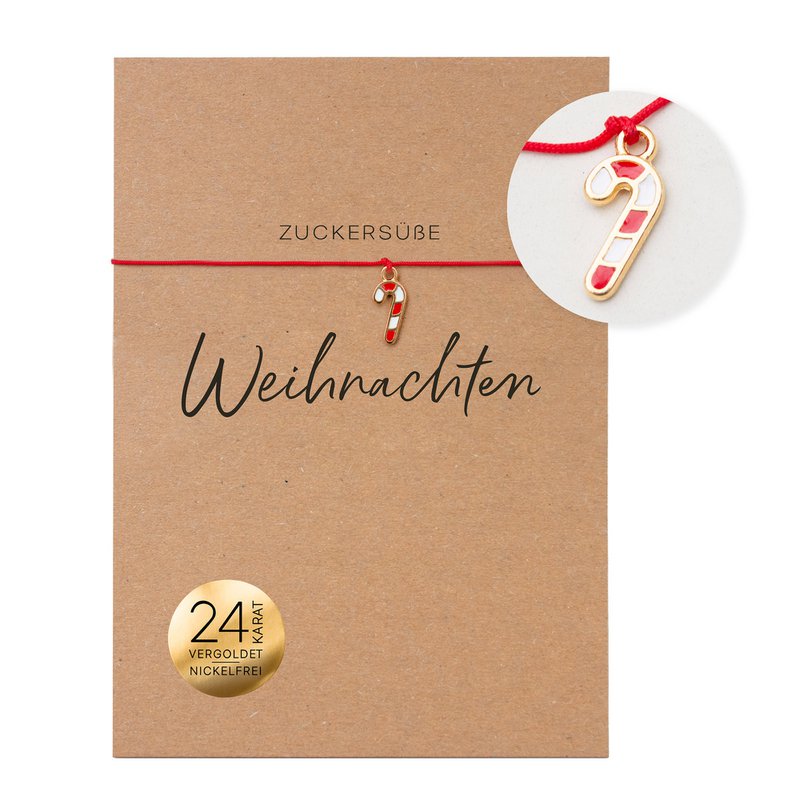 Armband auf Karte - Zuckerstange "Zuckersüße Weihnachten" 24K vergoldeter Anhänger - DIN A6 Recyclingkarte