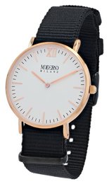 Moderno Milano stainless steel women's watch 36.5 mm, sapphire crystal & nylon NATO strap (black), rose gold-colored