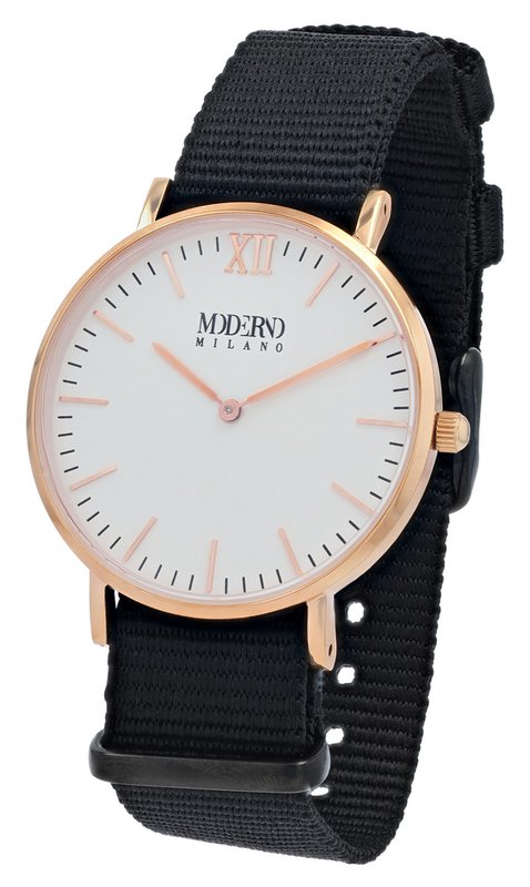 Moderno Milano stainless steel women's watch 36.5 mm, sapphire crystal & nylon NATO strap (black), rose gold-colored