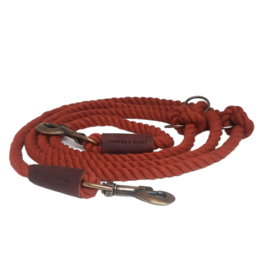 Twisted cotton adjustable dog leash in olive green, mocha, forest green, rusty red, and midnight blue colors. Features a sturdy rope design with metal hardware for durability and adjustability.