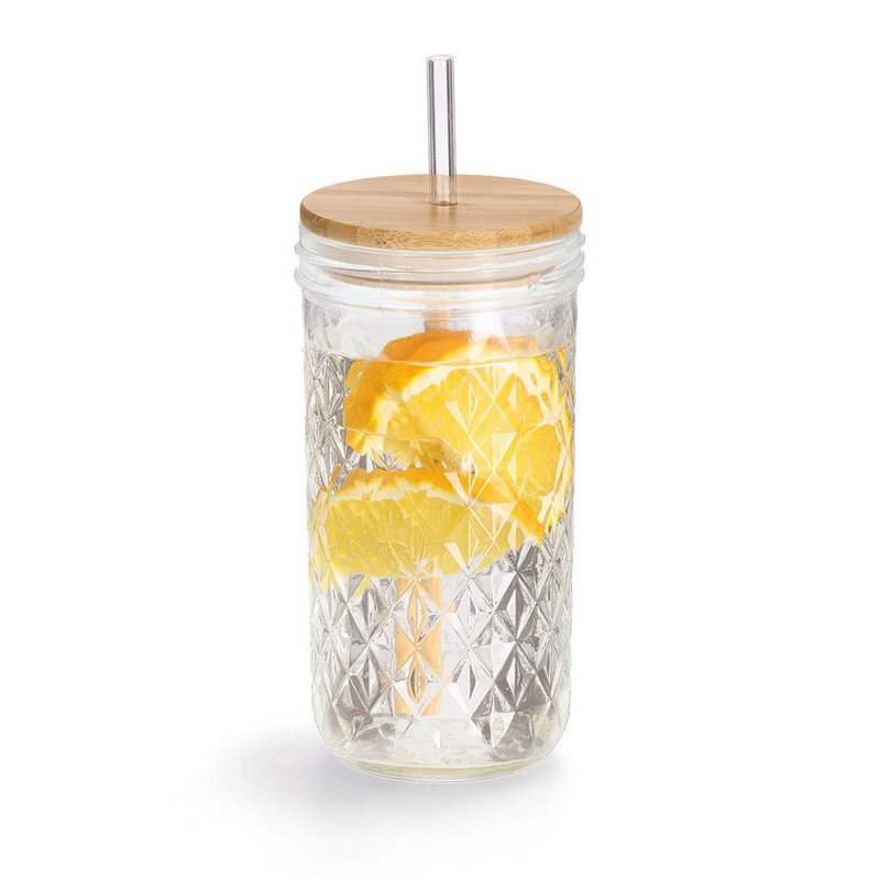 Drinking glass with bamboo lid and glass straw 580ml FSC 100%