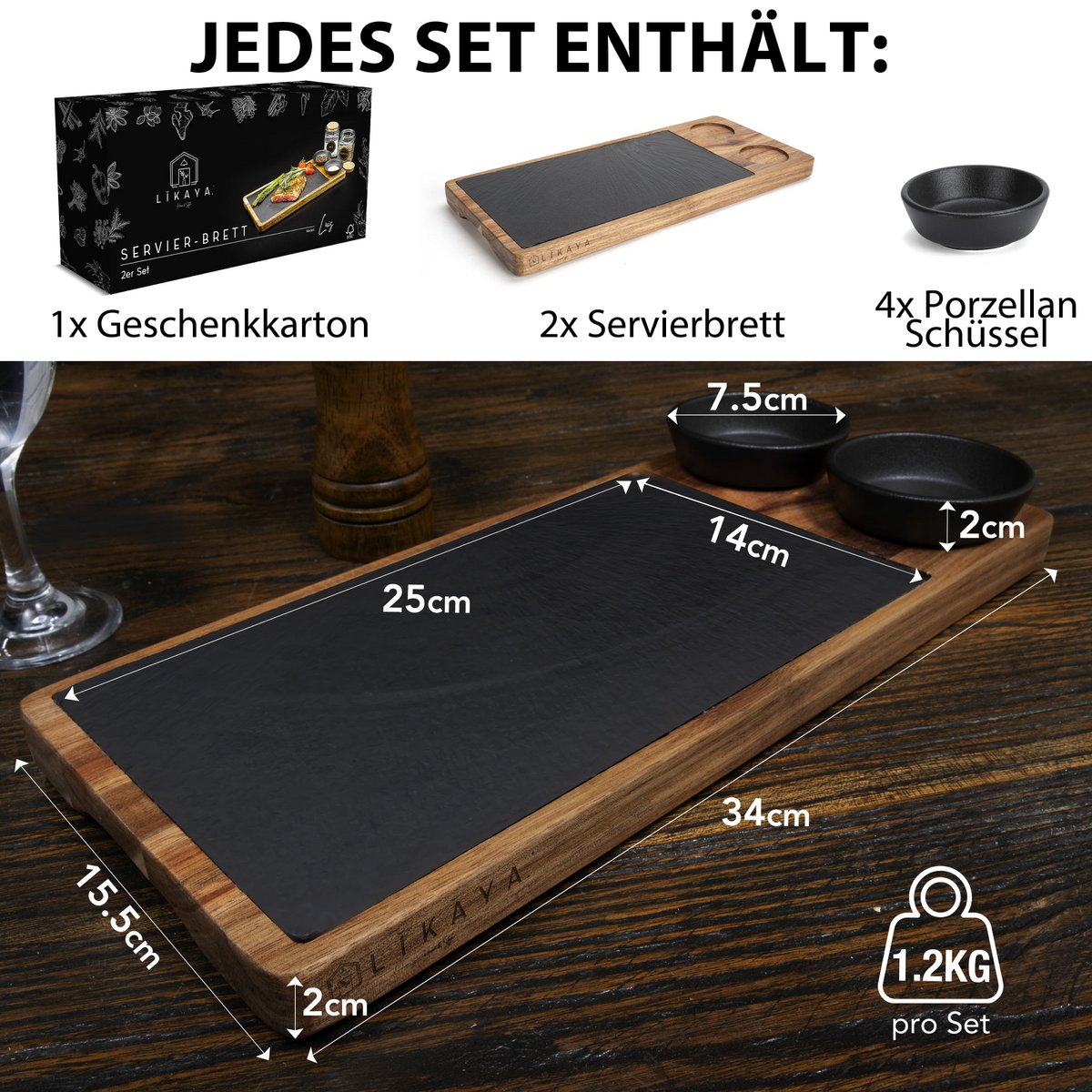 Serveringsbestyrelse 'Luis' 2 sæt lavet af FSC® Acacia Wood med skiferplader & Saucen