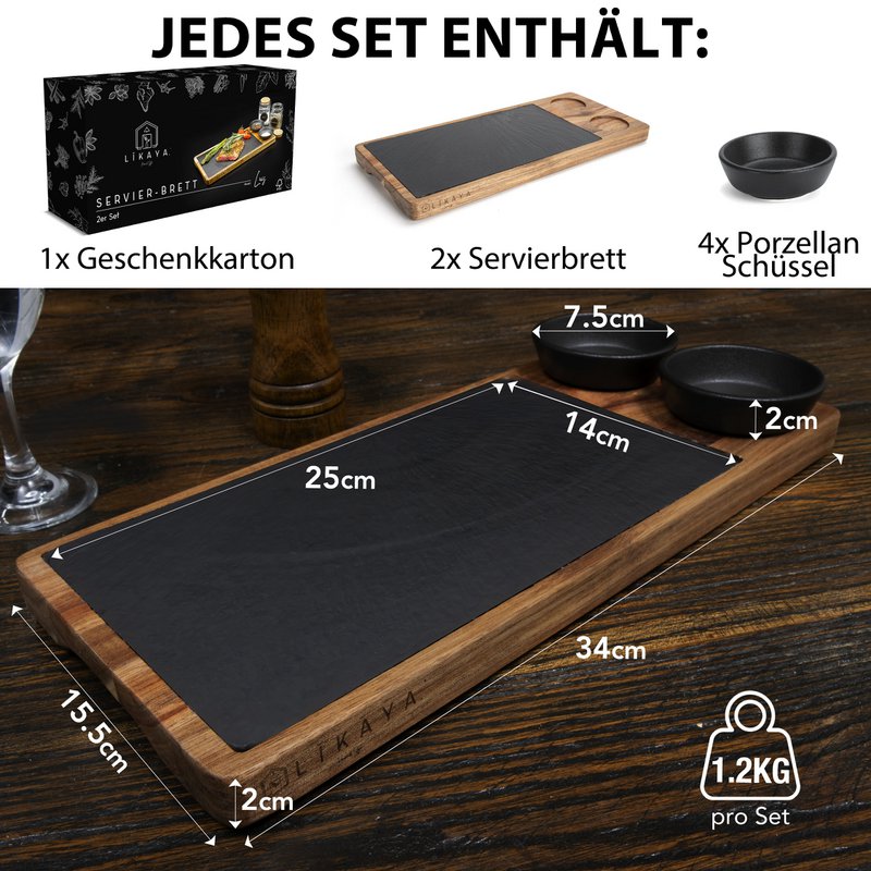 Serving board 'Luis' 2 Set made of FSC® Acacia wood with slate plates & Saucen