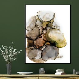 A large, abstract print featuring a collection of organic, earthy-toned shapes and textures, resembling stones or rocks. The artwork has a natural, minimalist aesthetic that would complement a variety of home decor styles.