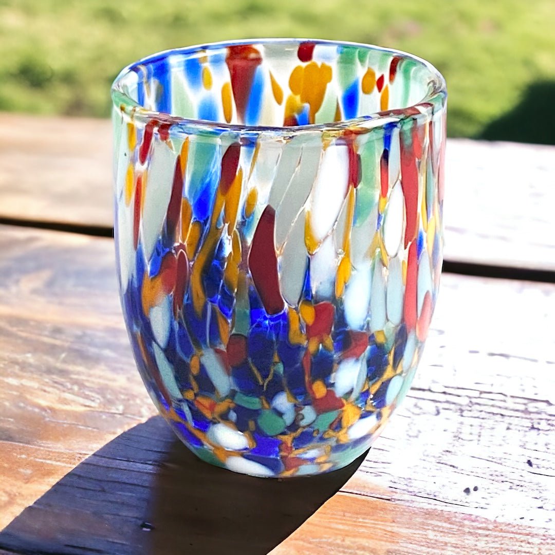 Skud glasglas i hånden blæste og håndlavet glas med Murrine di Murano, "I Colori di Murano" linje 50 ml. Lavet i Italien